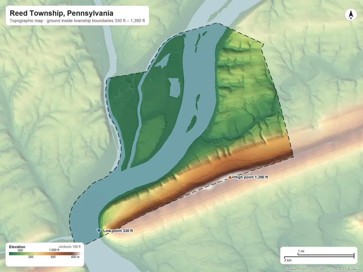Topographic elevation map of Reed Township, Pennsylvania, shaded from 330 ft on the southwest side to 1,390 ft on the south side