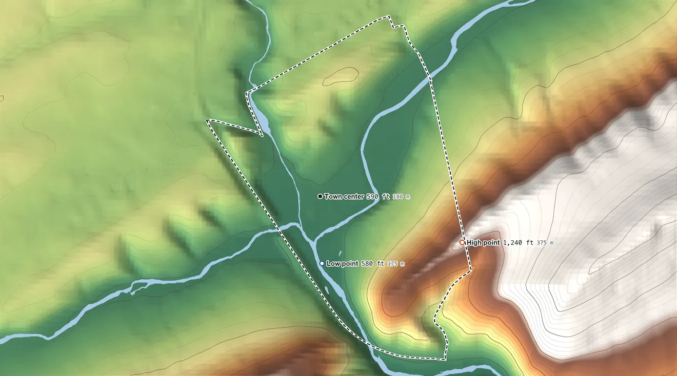 Topographic elevation map of Reedsville, Pennsylvania, shaded from 580 ft on the south side to 1,240 ft at the foot of the Jacks Mountain