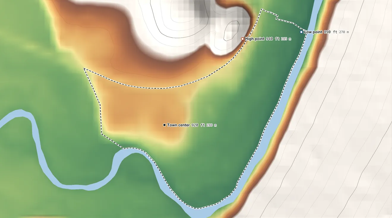 Topographic elevation map of Reese, Pennsylvania, shaded from 890 ft on the northeast side to 940 ft on the northeast edge, below higher ground just outside