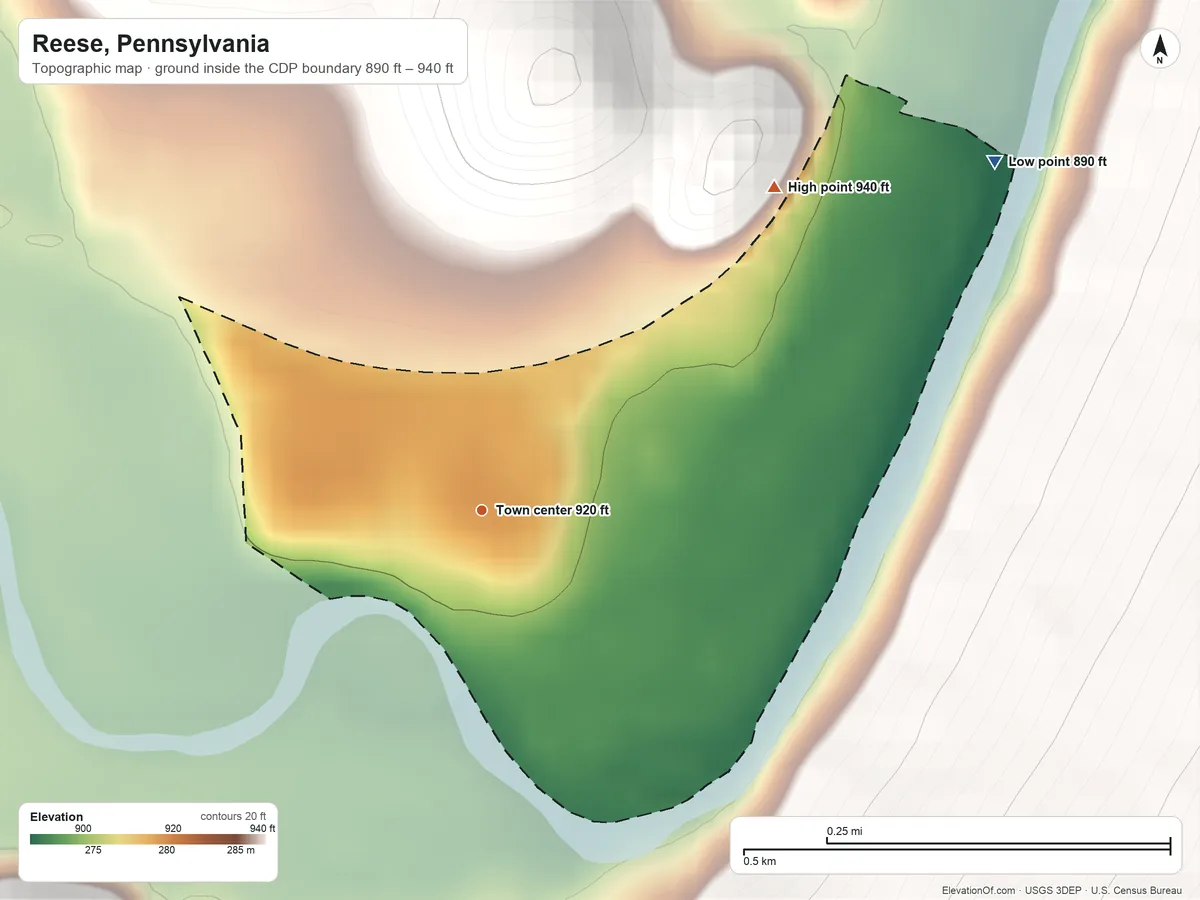 Topographic elevation map of Reese, Pennsylvania, shaded from 890 ft on the northeast side to 940 ft on the northeast edge, below higher ground just outside