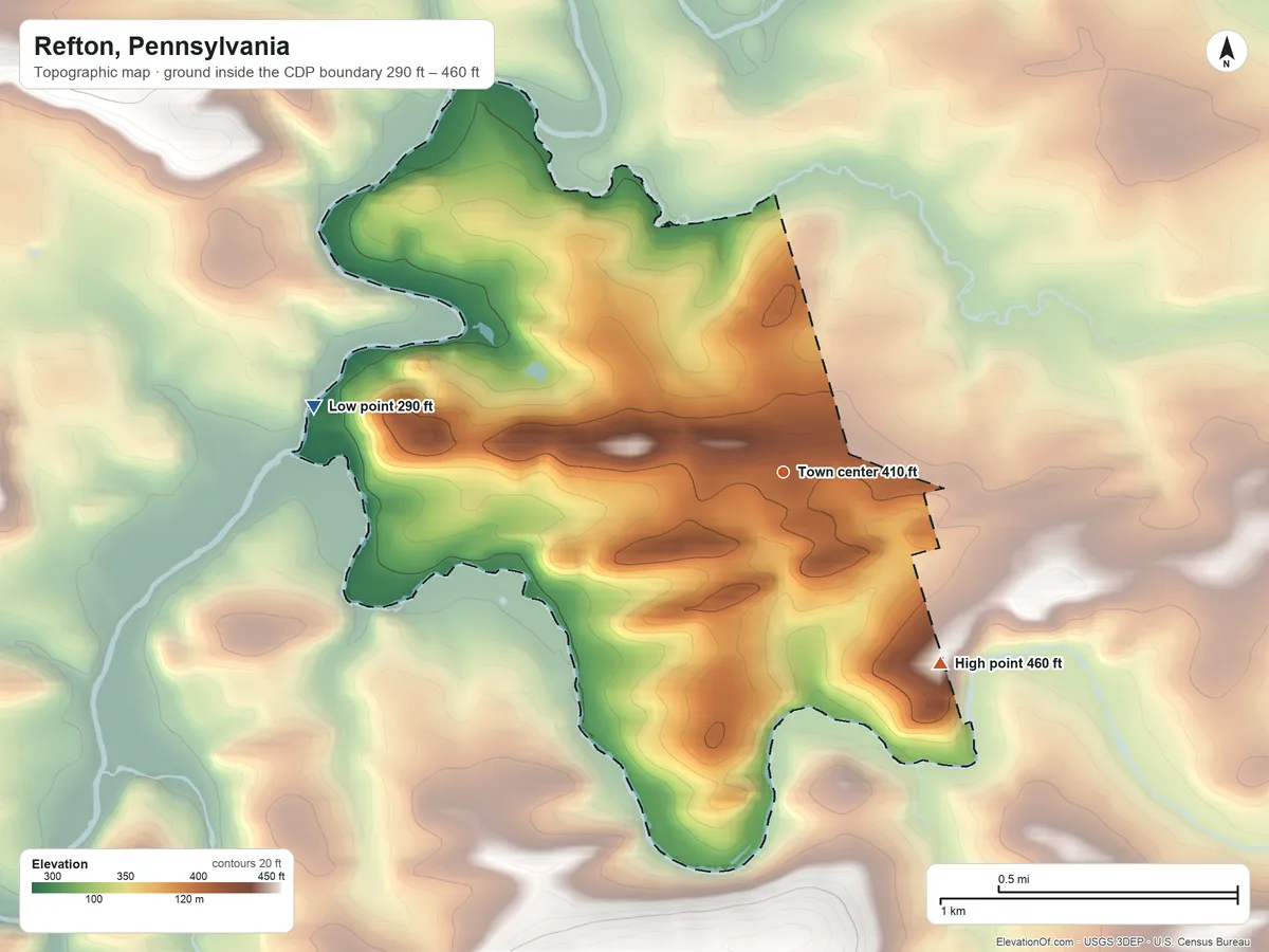 Topographic elevation map of Refton, Pennsylvania, shaded from 290 ft on the west side to 460 ft on the southeast side