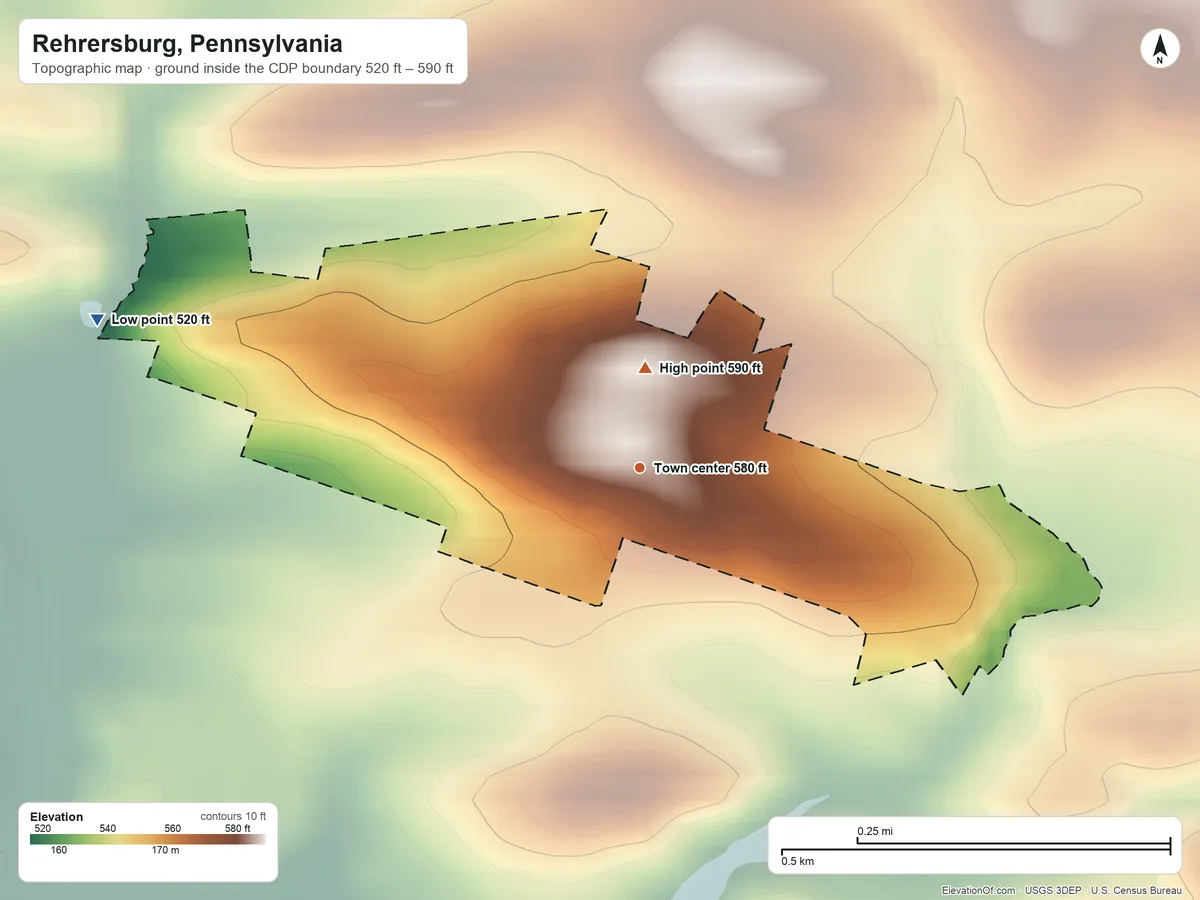 Topographic elevation map of Rehrersburg, Pennsylvania, shaded from 520 ft on the west side to 590 ft near the middle