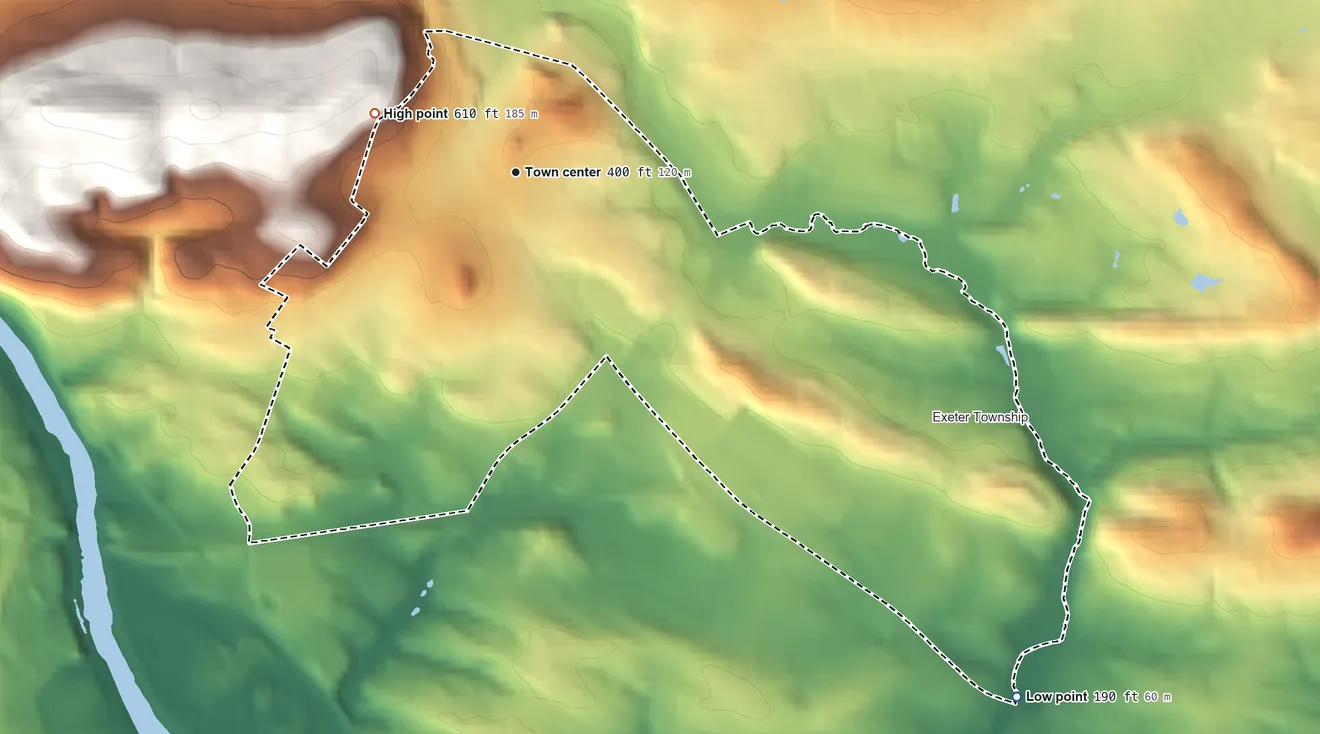 Topographic elevation map of Reiffton, Pennsylvania, shaded from 190 ft on the southeast side to 610 ft on the northwest edge, below higher ground just outside