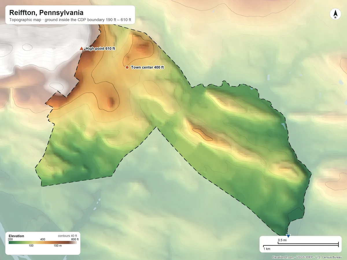 Topographic elevation map of Reiffton, Pennsylvania, shaded from 190 ft on the southeast side to 610 ft on the northwest edge, below higher ground just outside