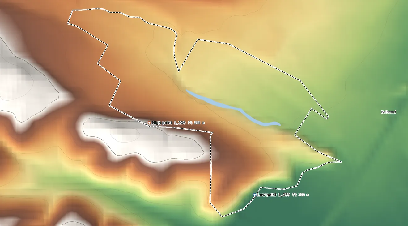 Topographic elevation map of Reightown, Pennsylvania, shaded from 1,050 ft on the south side to 1,200 ft on the west edge, below higher ground just outside