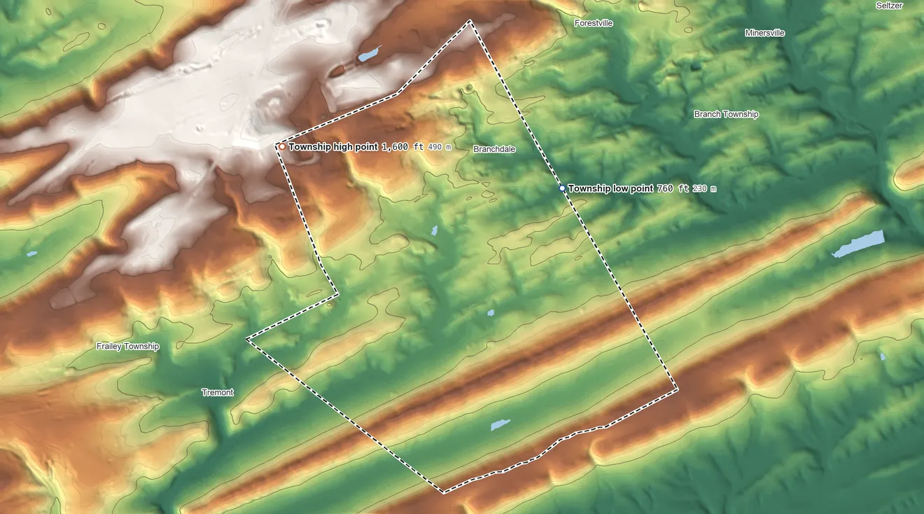 Topographic elevation map of Reilly Township, Pennsylvania, shaded from 760 ft on the east side to 1,600 ft on the west side