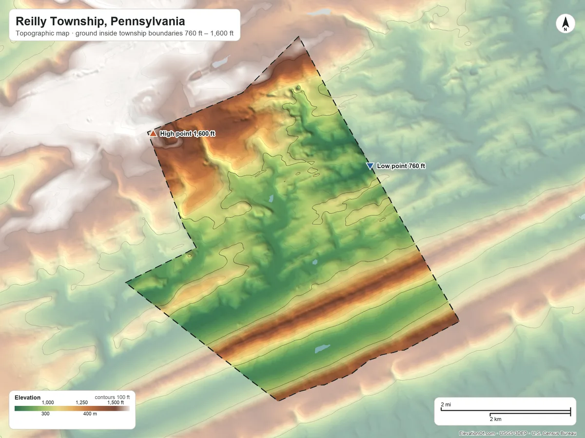Topographic elevation map of Reilly Township, Pennsylvania, shaded from 760 ft on the east side to 1,600 ft on the west side