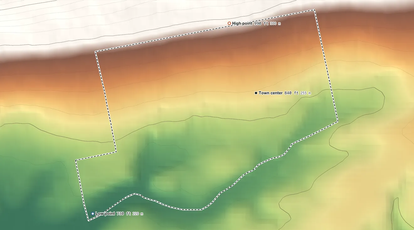 Topographic elevation map of Reinerton, Pennsylvania, shaded from 730 ft on the southwest side to 990 ft at the foot of the Bunker Hills