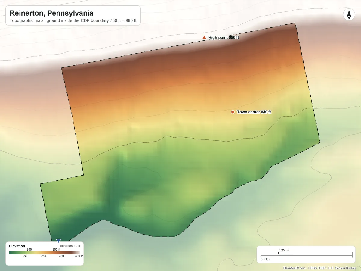 Topographic elevation map of Reinerton, Pennsylvania, shaded from 730 ft on the southwest side to 990 ft at the foot of the Bunker Hills