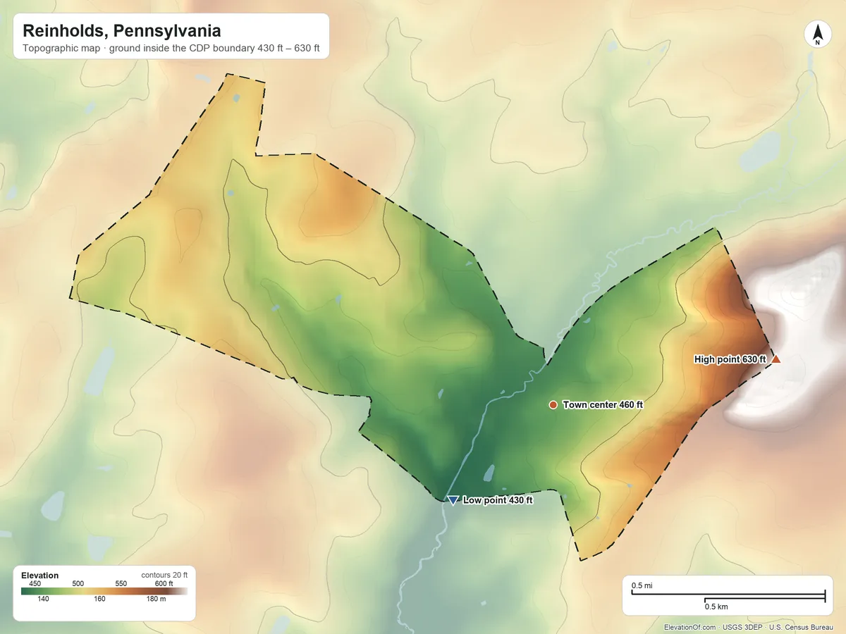 Topographic elevation map of Reinholds, Pennsylvania, shaded from 430 ft on the southwest side to 630 ft at the foot of the South Mountain