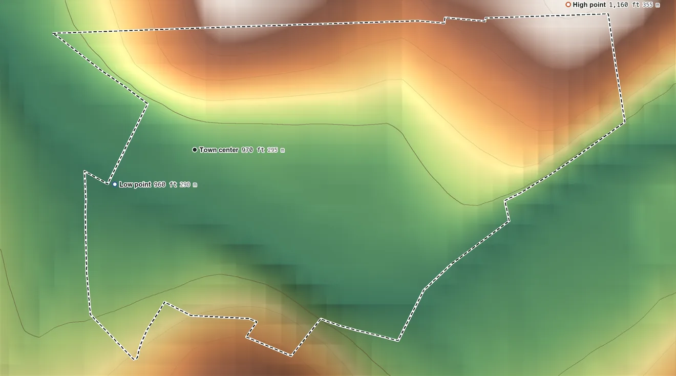 Topographic elevation map of Renfrew, Pennsylvania, shaded from 960 ft on the southwest side to 1,160 ft on the east side