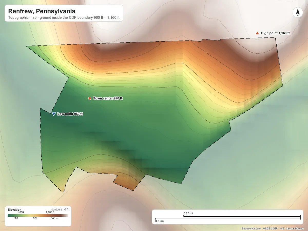 Topographic elevation map of Renfrew, Pennsylvania, shaded from 960 ft on the southwest side to 1,160 ft on the east side