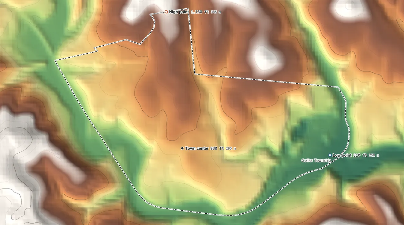 Topographic elevation map of Rennerdale, Pennsylvania, shaded from 810 ft on the east side to 1,130 ft on the north side