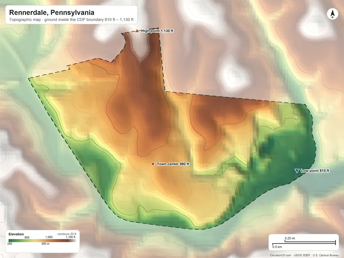 Topographic elevation map of Rennerdale, Pennsylvania, shaded from 810 ft on the east side to 1,130 ft on the north side