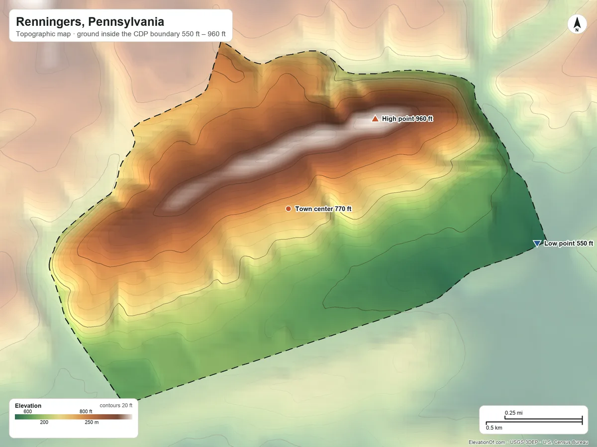 Topographic elevation map of Renningers, Pennsylvania, shaded from 550 ft on the east side to 960 ft at the foot of the Broad Mountain