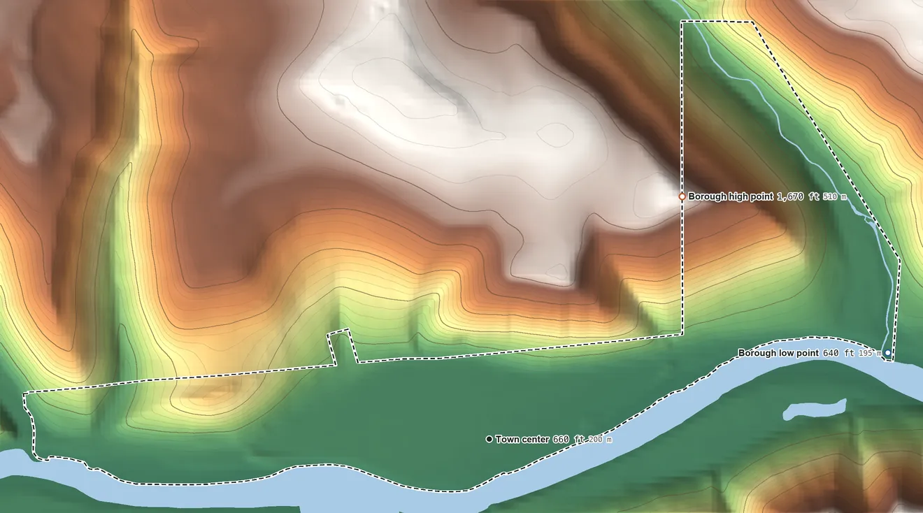 Topographic elevation map of Renovo, Pennsylvania, shaded from 640 ft on the east side to 1,670 ft on the northeast edge, below higher ground just outside