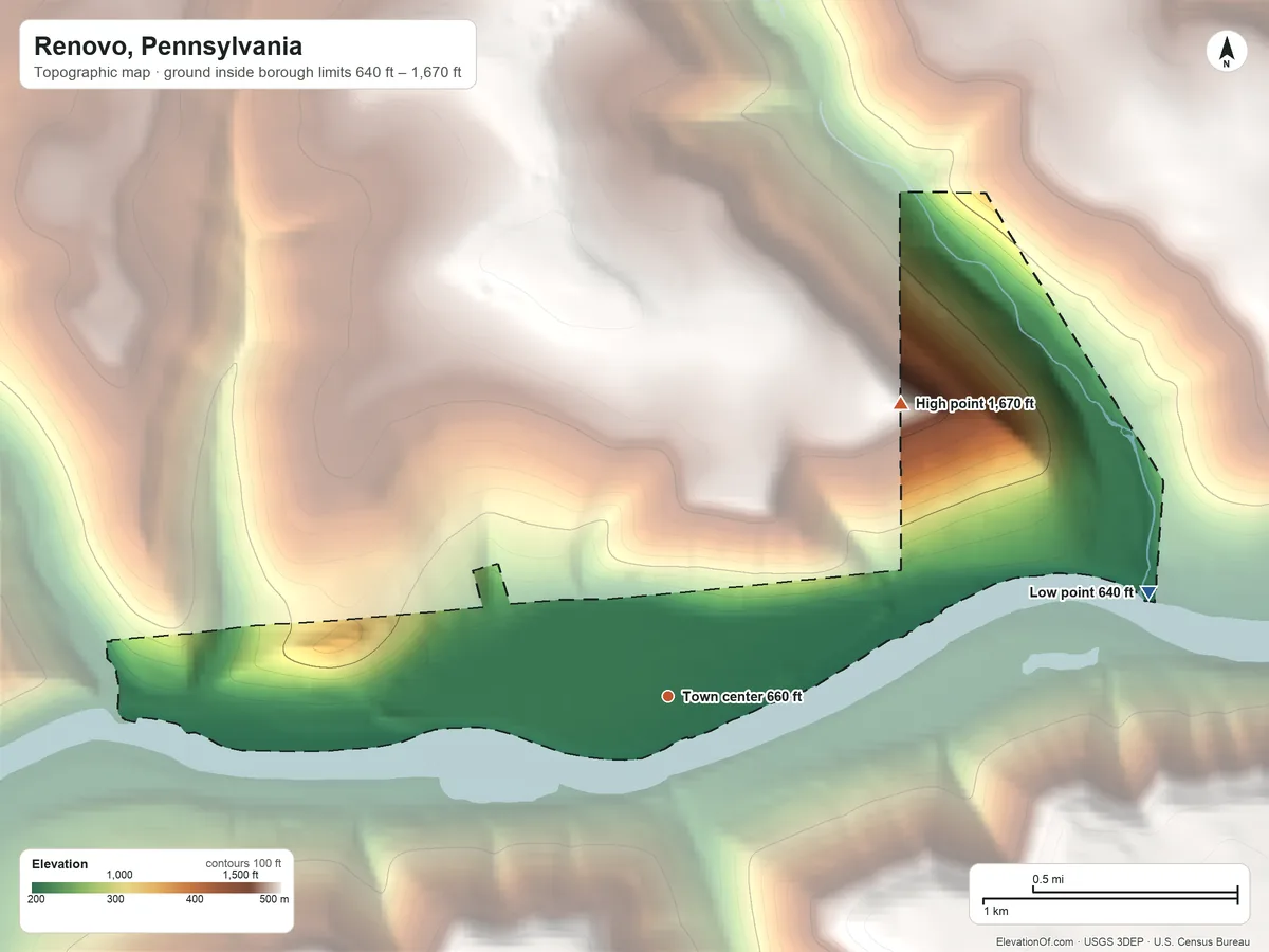 Topographic elevation map of Renovo, Pennsylvania, shaded from 640 ft on the east side to 1,670 ft on the northeast edge, below higher ground just outside