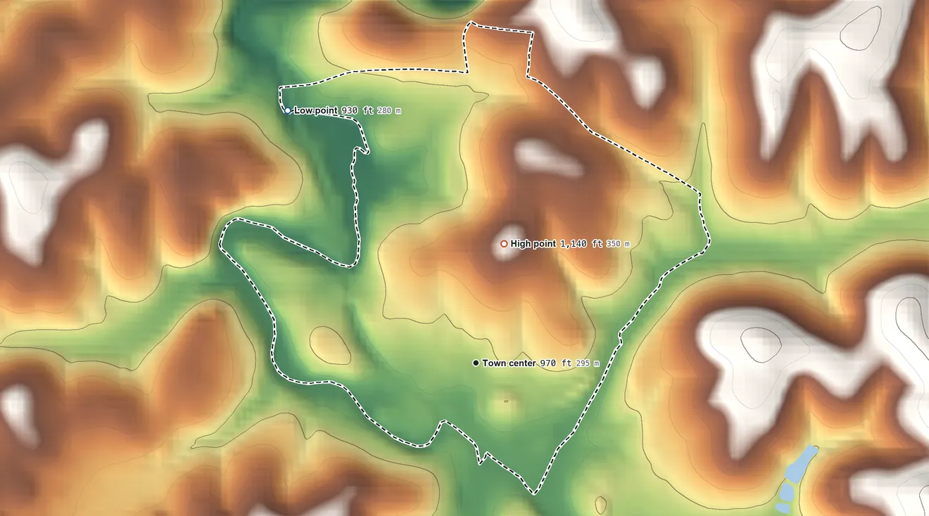 Topographic elevation map of Republic, Pennsylvania, shaded from 930 ft on the northwest side to 1,140 ft on the north side