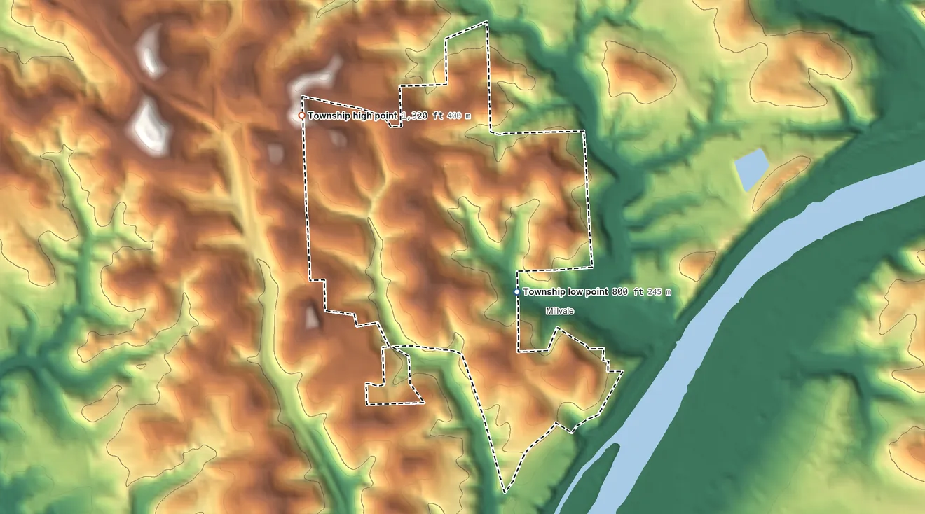 Topographic elevation map of Reserve Township, Pennsylvania, shaded from 800 ft near the middle to 1,320 ft on the northwest side