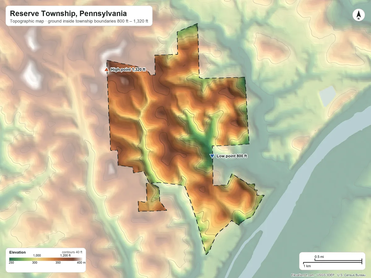 Topographic elevation map of Reserve Township, Pennsylvania, shaded from 800 ft near the middle to 1,320 ft on the northwest side