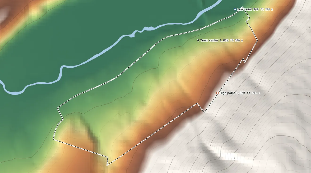 Topographic elevation map of Reservoir, Pennsylvania, shaded from 940 ft on the northeast side to 1,300 ft at the foot of the Tussey Mountain