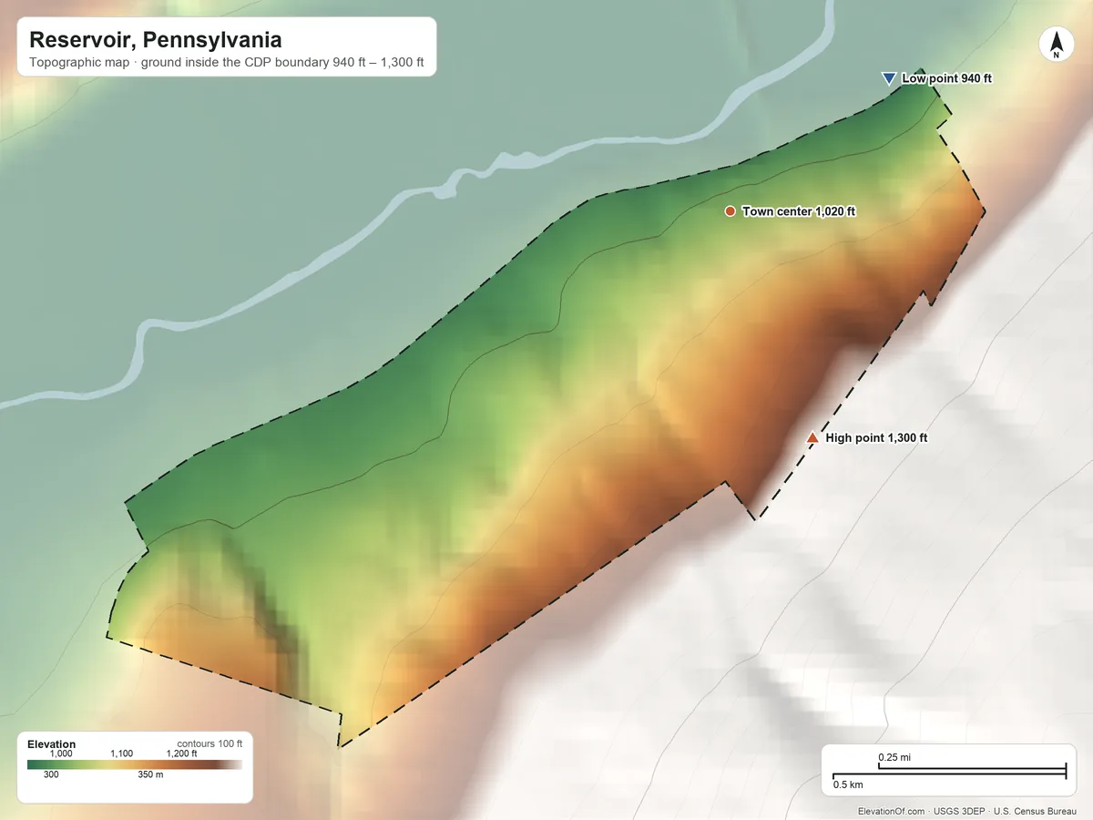 Topographic elevation map of Reservoir, Pennsylvania, shaded from 940 ft on the northeast side to 1,300 ft at the foot of the Tussey Mountain