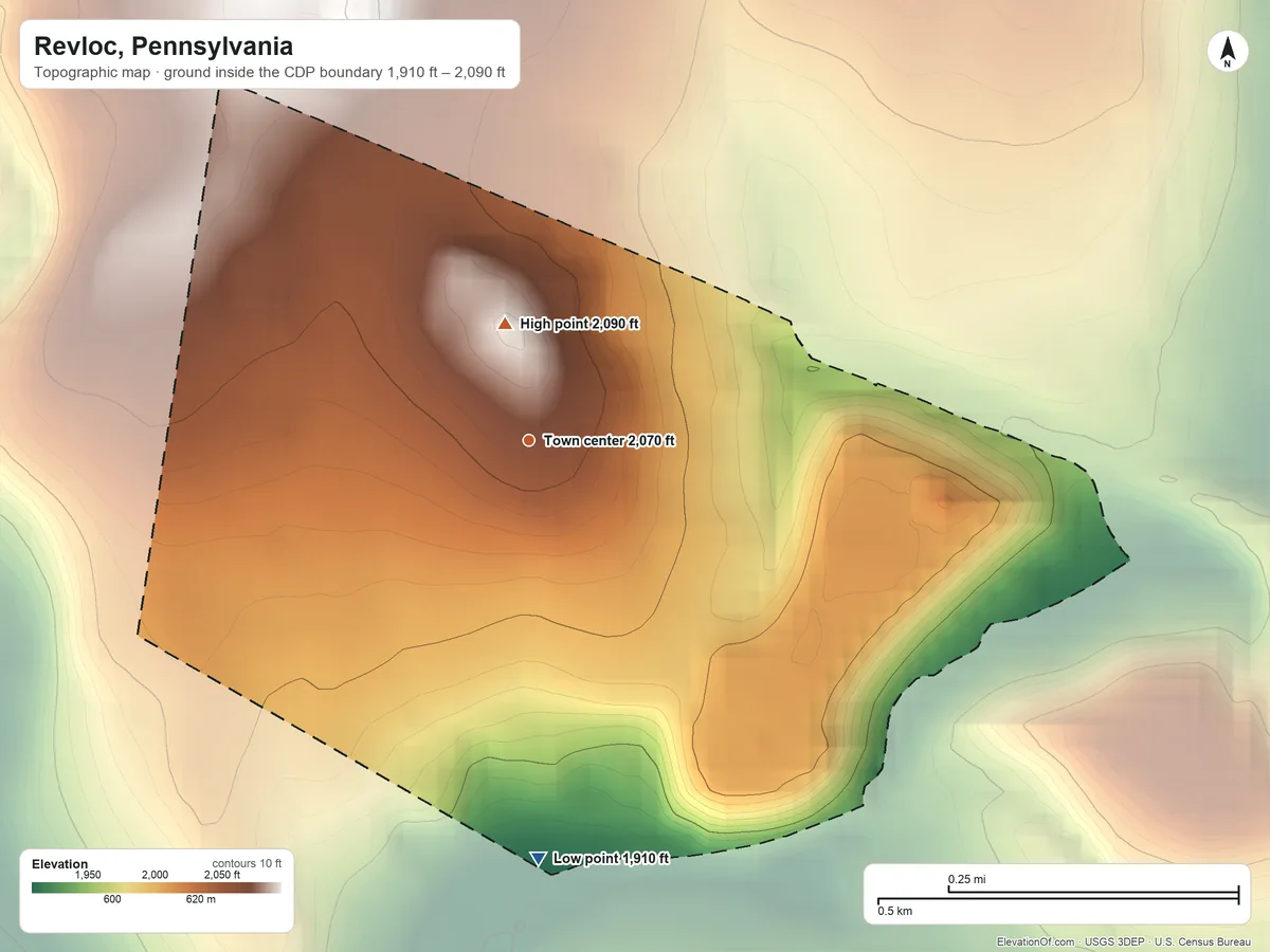 Topographic elevation map of Revloc, Pennsylvania, shaded from 1,910 ft on the south side to 2,090 ft near the middle