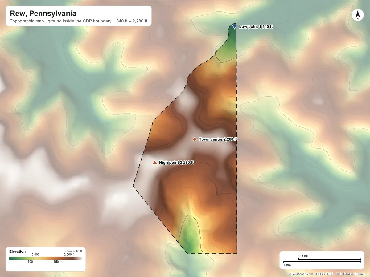 Topographic elevation map of Rew, Pennsylvania, shaded from 1,840 ft on the north side to 2,280 ft on the southwest side