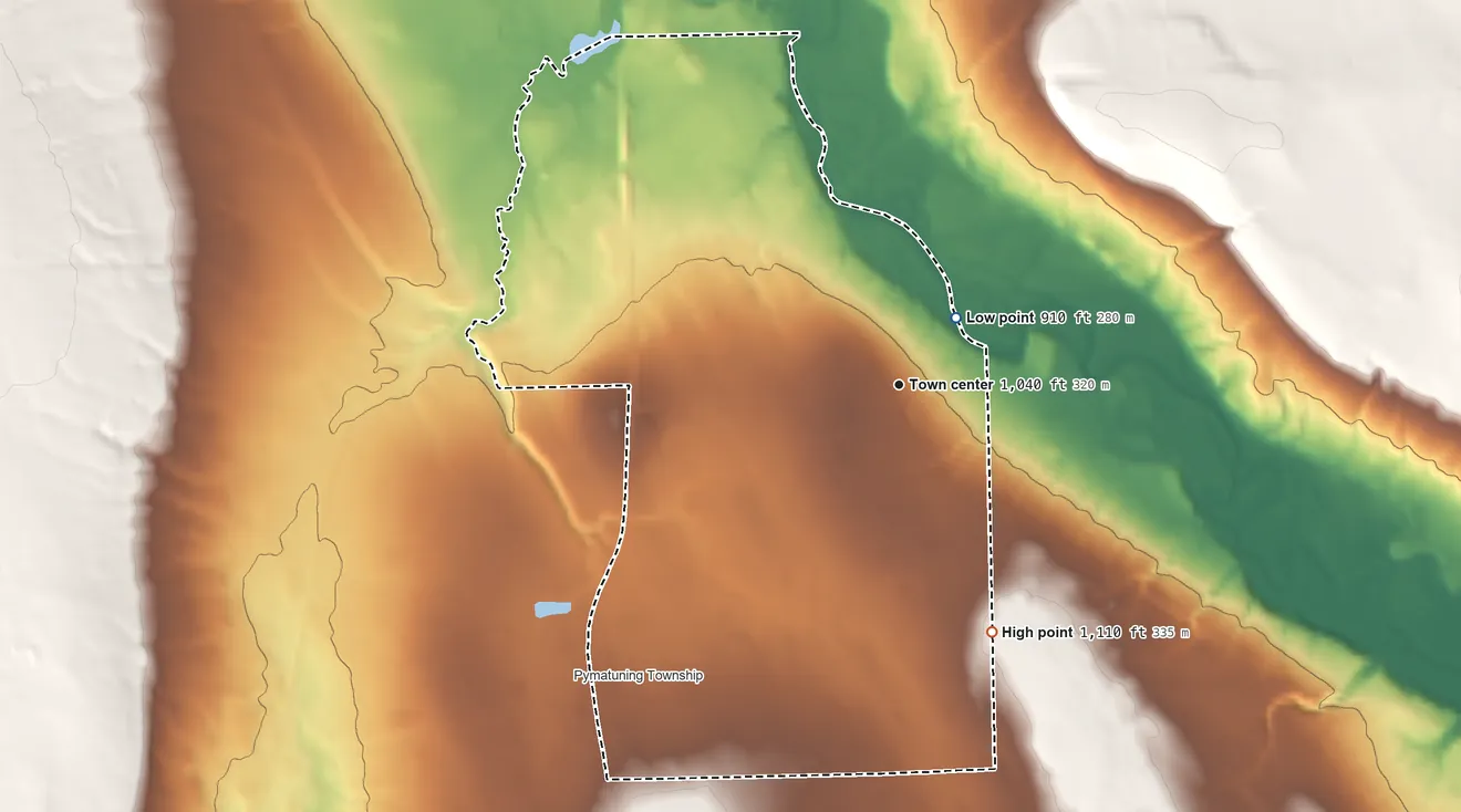 Topographic elevation map of Reynolds Heights, Pennsylvania, shaded from 910 ft near the middle to 1,110 ft on the south side