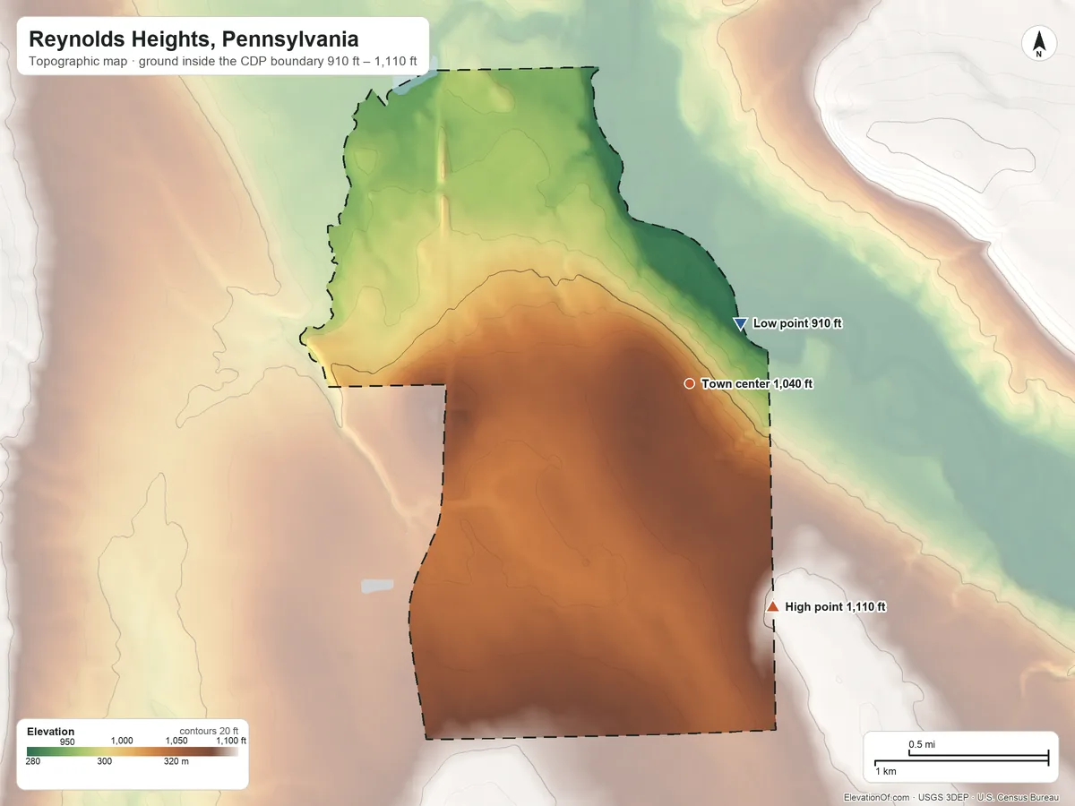 Topographic elevation map of Reynolds Heights, Pennsylvania, shaded from 910 ft near the middle to 1,110 ft on the south side