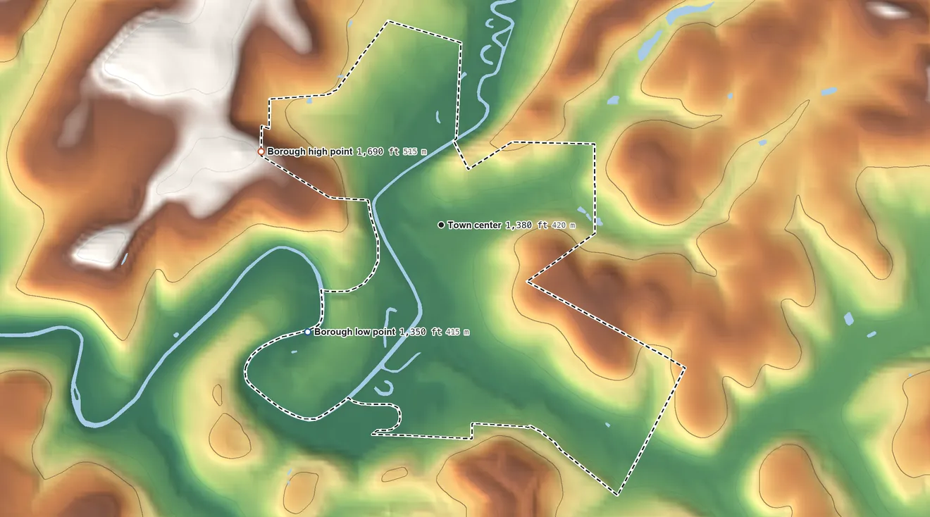 Topographic elevation map of Reynoldsville, Pennsylvania, shaded from 1,350 ft on the southwest side to 1,690 ft on the west side