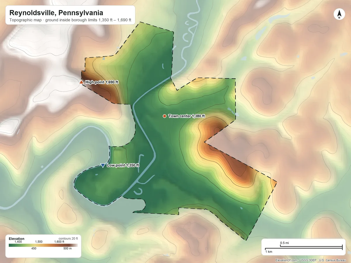 Topographic elevation map of Reynoldsville, Pennsylvania, shaded from 1,350 ft on the southwest side to 1,690 ft on the west side