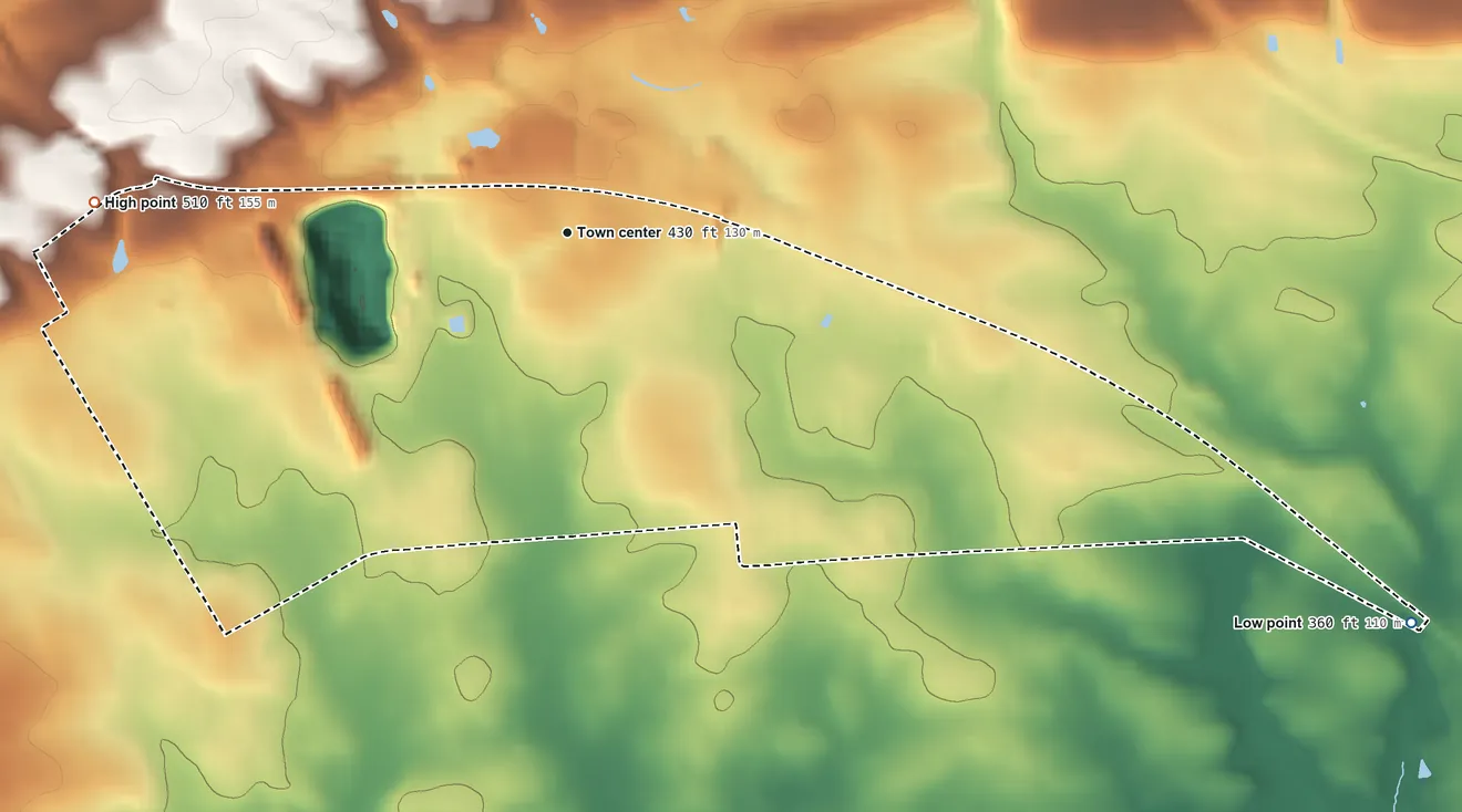 Topographic elevation map of Rheems, Pennsylvania, shaded from 360 ft on the southeast side to 510 ft on the west side