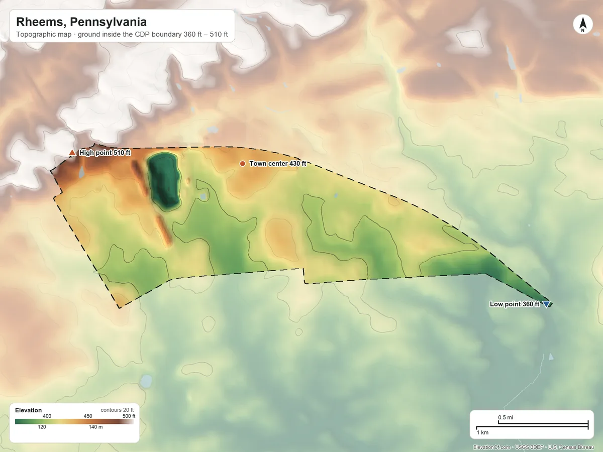 Topographic elevation map of Rheems, Pennsylvania, shaded from 360 ft on the southeast side to 510 ft on the west side