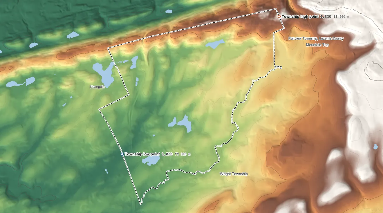 Topographic elevation map of Rice Township, Pennsylvania, shaded from 1,030 ft on the southwest side to 1,830 ft on the northeast edge, below higher ground just outside