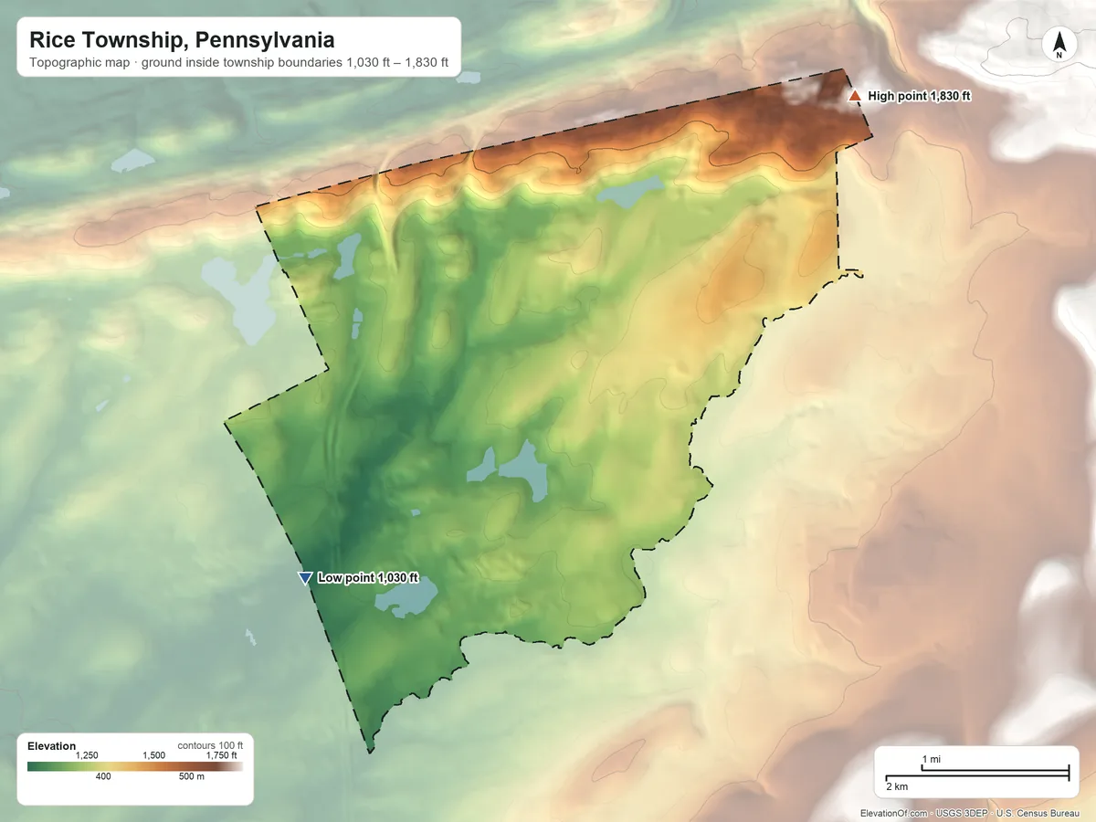 Topographic elevation map of Rice Township, Pennsylvania, shaded from 1,030 ft on the southwest side to 1,830 ft on the northeast edge, below higher ground just outside