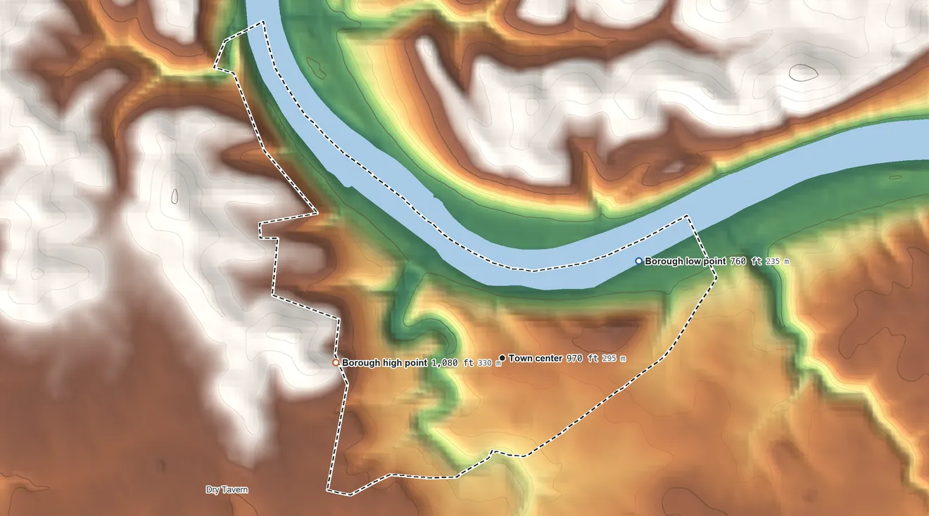 Topographic elevation map of Rices Landing, Pennsylvania, shaded from 760 ft on the northeast side to 1,080 ft on the west side