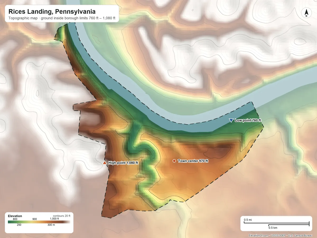 Topographic elevation map of Rices Landing, Pennsylvania, shaded from 760 ft on the northeast side to 1,080 ft on the west side
