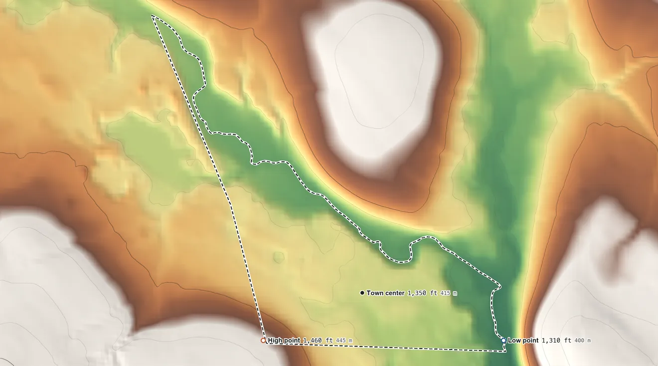 Topographic elevation map of Riceville, Pennsylvania, shaded from 1,310 ft on the east side to 1,460 ft on the southwest side