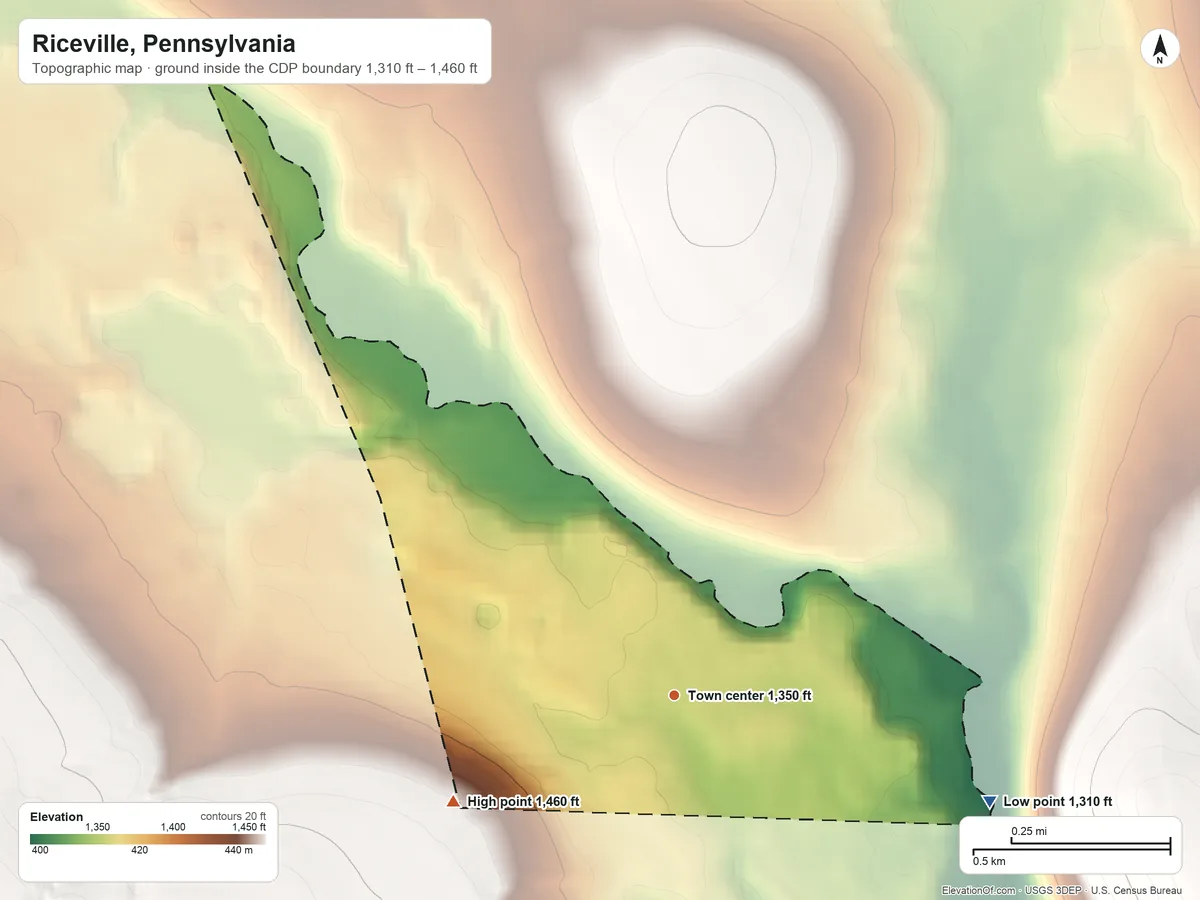 Topographic elevation map of Riceville, Pennsylvania, shaded from 1,310 ft on the east side to 1,460 ft on the southwest side