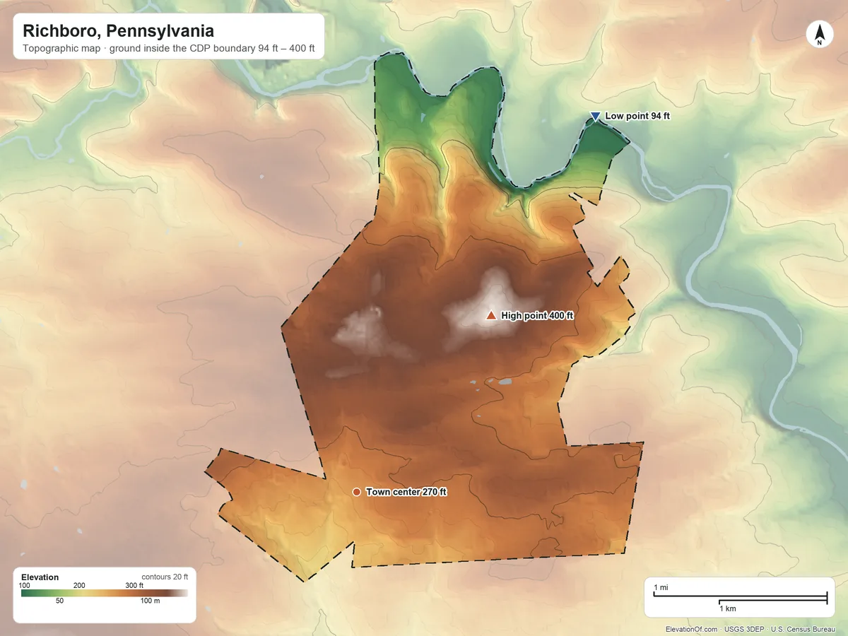 Topographic elevation map of Richboro, Pennsylvania, shaded from 94 ft on the northeast side to 400 ft on the northeast side