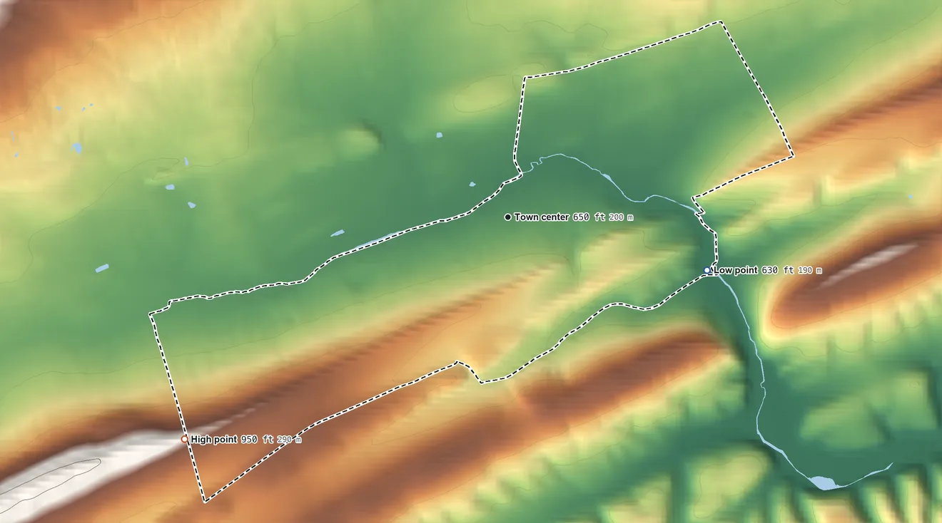Topographic elevation map of Richfield, Pennsylvania, shaded from 630 ft on the east side to 950 ft on the southwest side