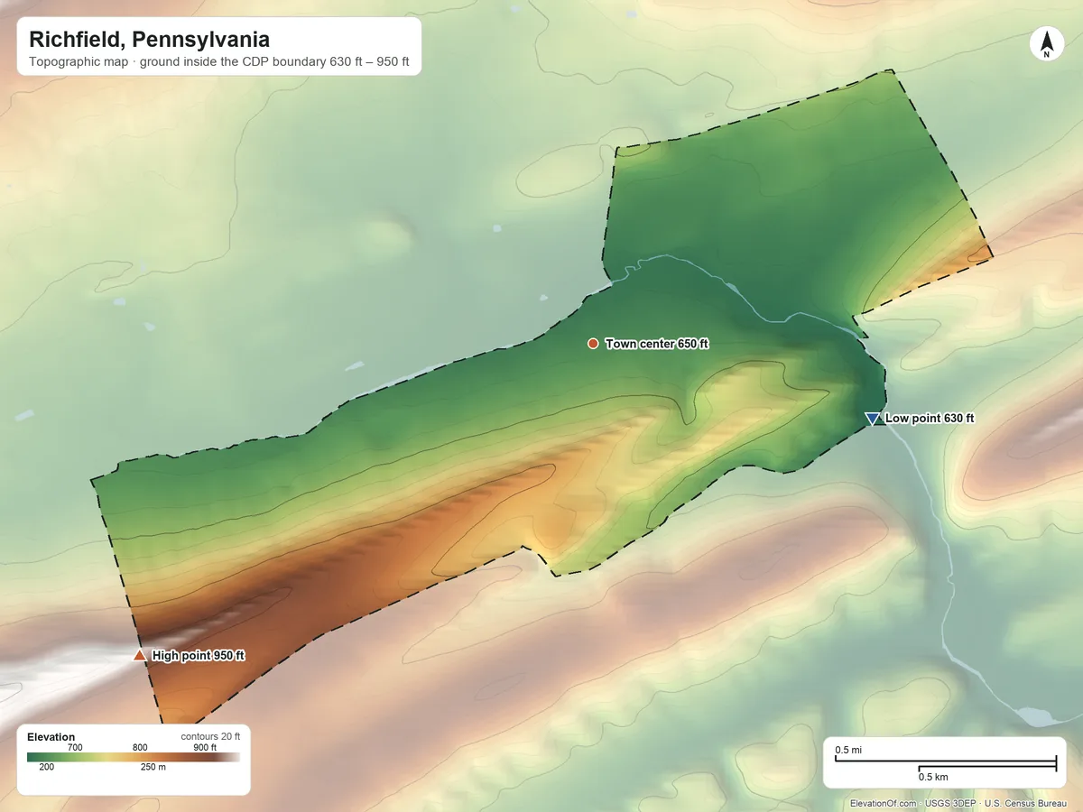 Topographic elevation map of Richfield, Pennsylvania, shaded from 630 ft on the east side to 950 ft on the southwest side