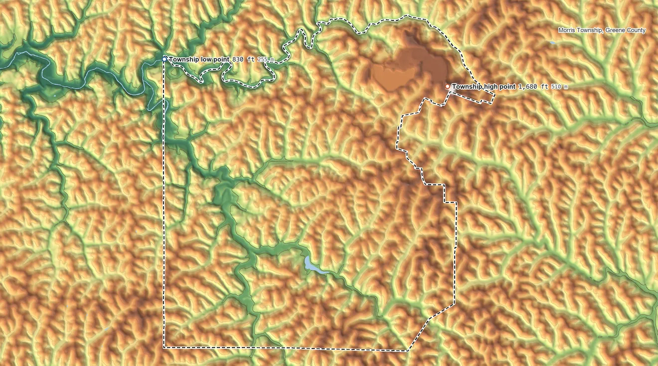 Topographic elevation map of Richhill Township, Pennsylvania, shaded from 830 ft on the northwest side to 1,680 ft on the northeast side