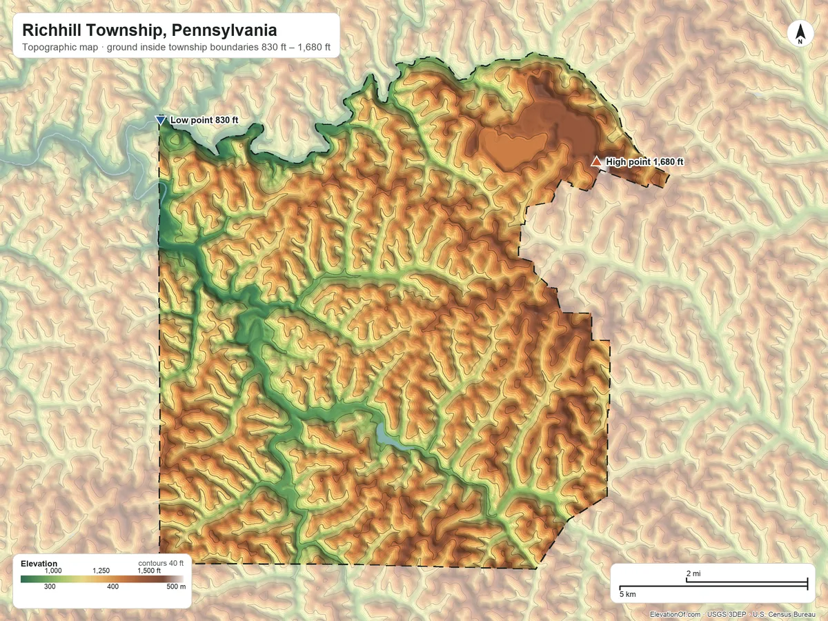 Topographic elevation map of Richhill Township, Pennsylvania, shaded from 830 ft on the northwest side to 1,680 ft on the northeast side