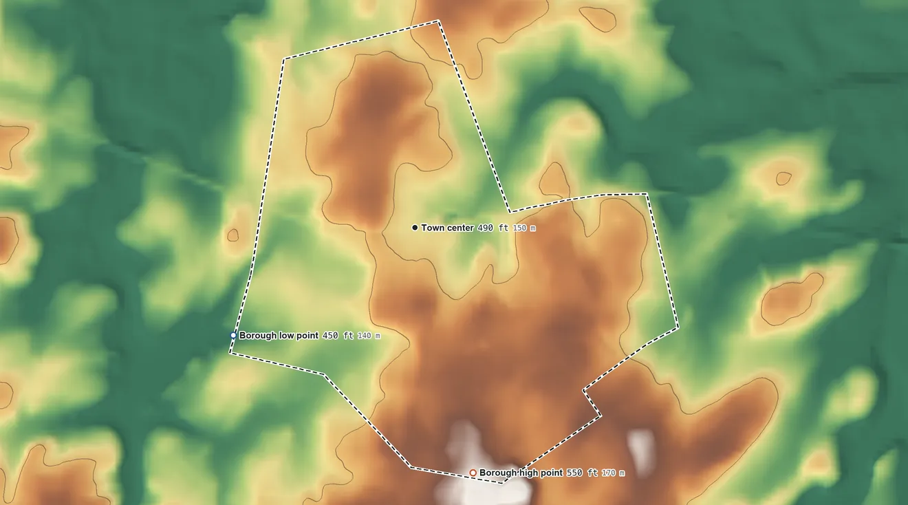 Topographic elevation map of Richland, Pennsylvania, shaded from 450 ft on the southwest side to 550 ft on the south side