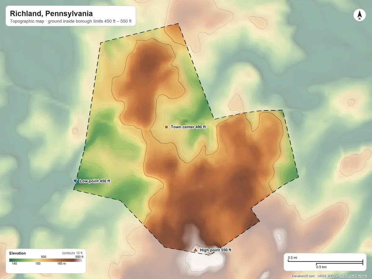 Topographic elevation map of Richland, Pennsylvania, shaded from 450 ft on the southwest side to 550 ft on the south side