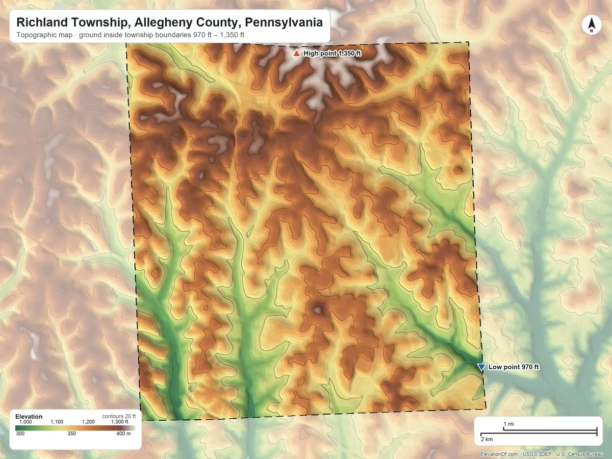 Topographic elevation map of Richland Township, Allegheny County, Pennsylvania, shaded from 970 ft on the southeast side to 1,350 ft on the north side