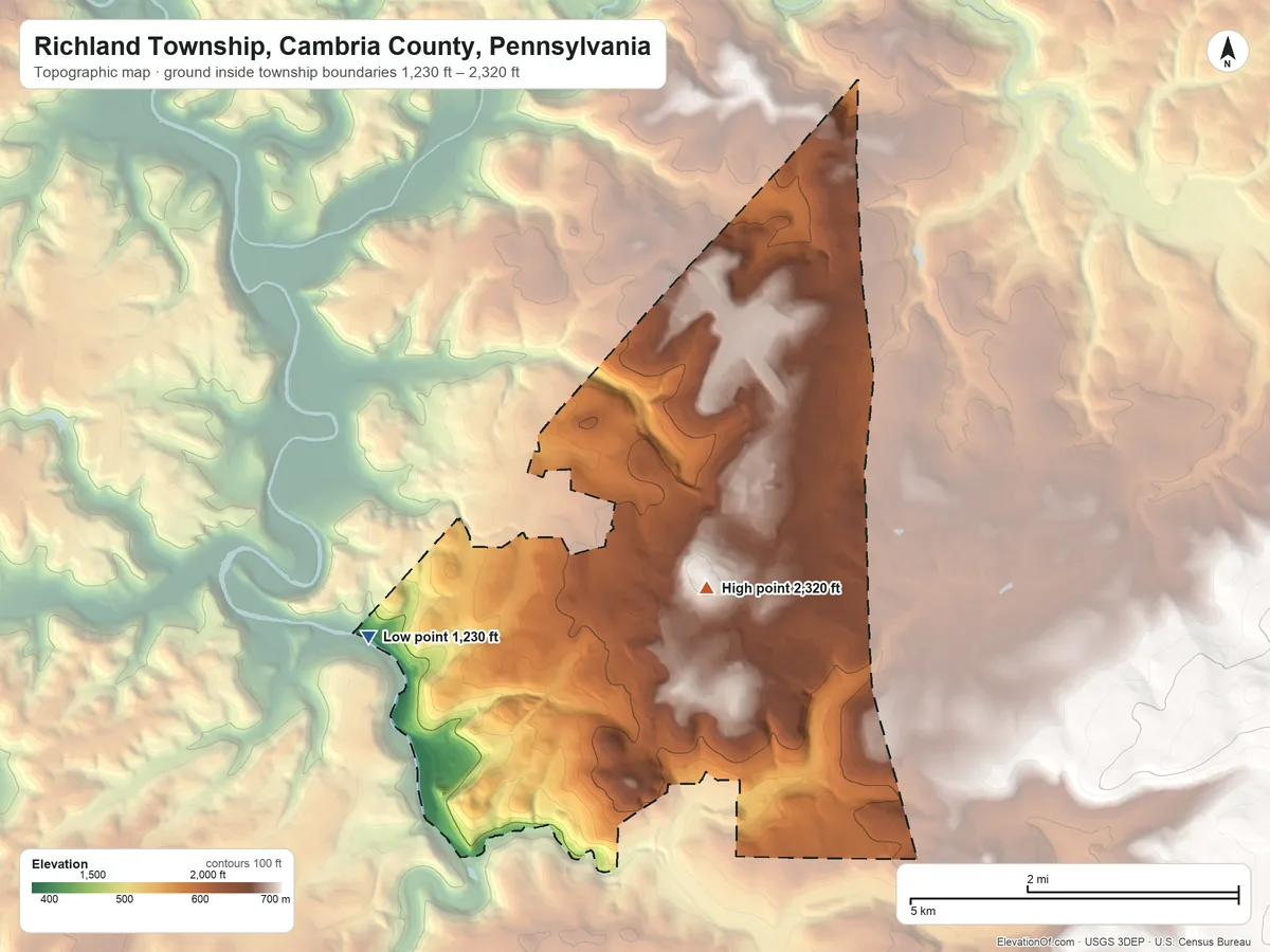 Topographic elevation map of Richland Township, Cambria County, Pennsylvania, shaded from 1,230 ft on the west side to 2,320 ft near the middle