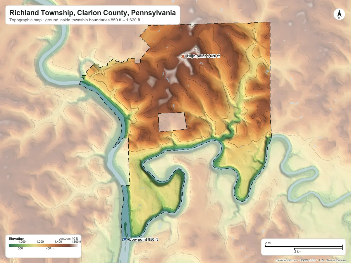 Topographic elevation map of Richland Township, Clarion County, Pennsylvania, shaded from 850 ft on the southwest side to 1,620 ft on the northwest side